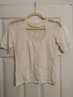 Women's Cream Short Sleeve Sequin Accent Top